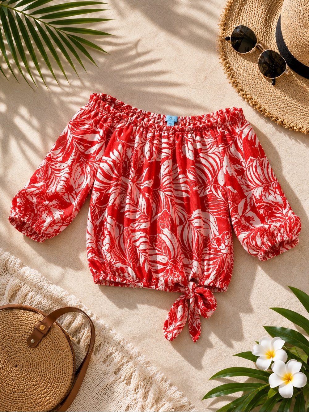 CeCe Red and White Off-Shoulder Floral Tie-Hem Blouse